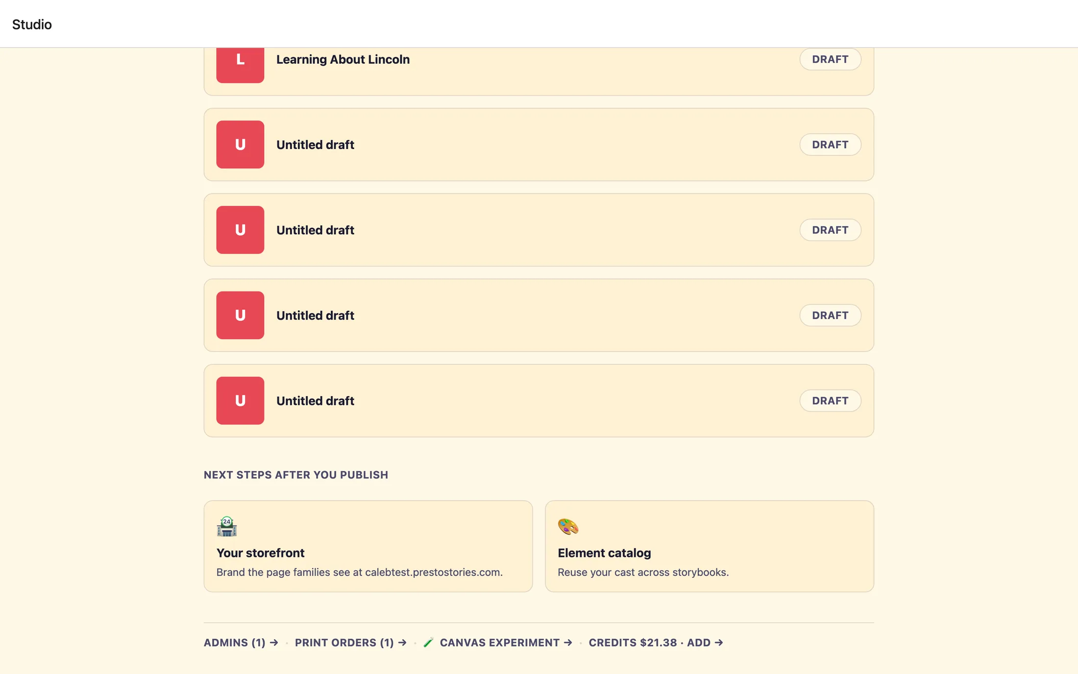 The bottom row of the studio Dashboard showing quiet text links: Admins, Print orders, and a Credits balance reading a dollar amount followed by an Add arrow.