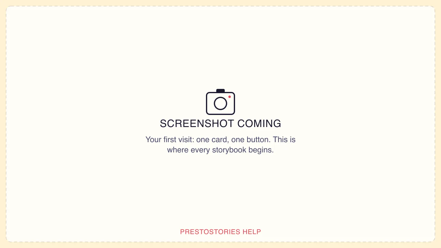 The studio dashboard on first visit, showing a large centered card titled 'Author your first storybook' with a short explanation, a three-step line reading Describe, Approve writing & art, Publish, and a green Create your first storybook button.