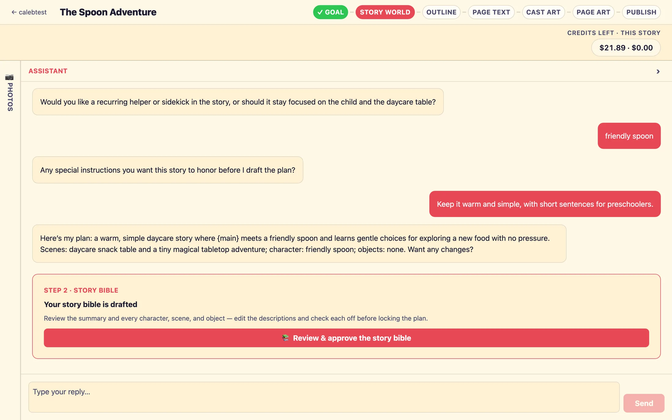 A summary card in the chat headed "STEP 1 · INTENT" with editable fields grouped under Story intent, Setting & tone, Guardrails, and character slots. A button at the bottom reads "Approve intent, draft the bible".