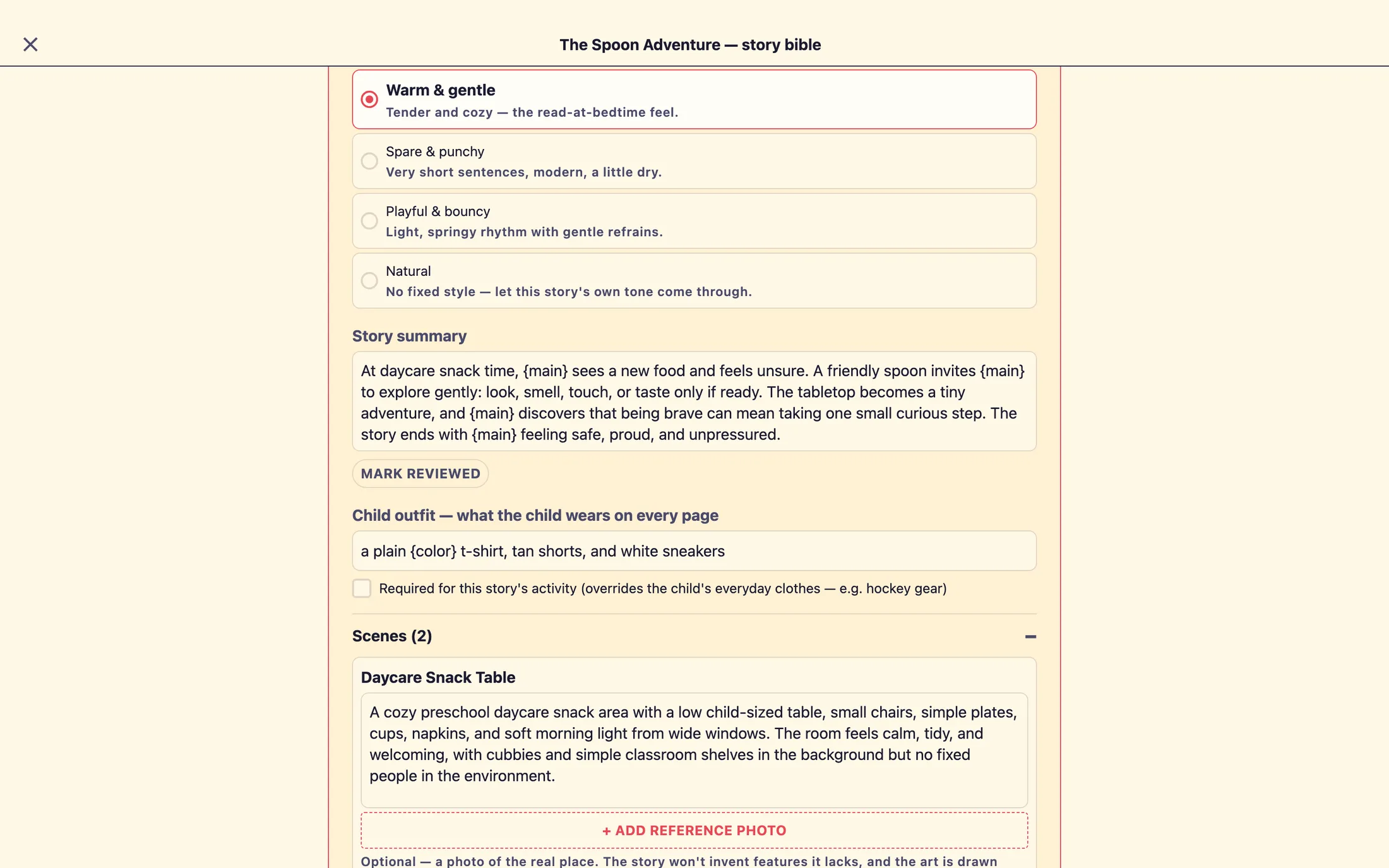 A radio-button group headed 'Narration voice, how the prose reads aloud' with four choices: Warm & gentle, Spare & punchy, Playful & bouncy, and Natural, each with a short description.
