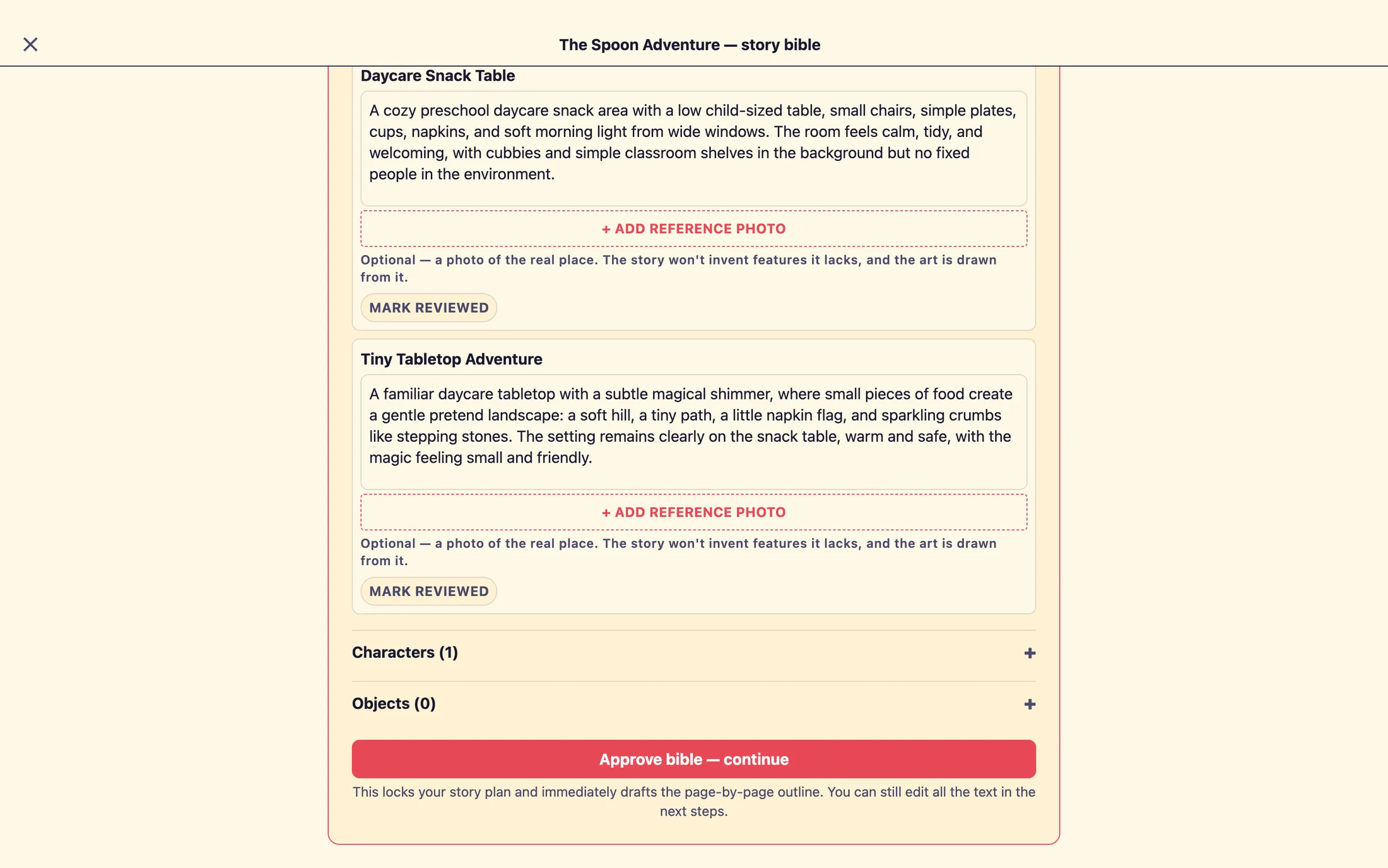 An open Characters section showing one character card with a description box, an attached photo thumbnail labeled 'tap to enlarge', a green confirmation line, and a red 'Remove' link.