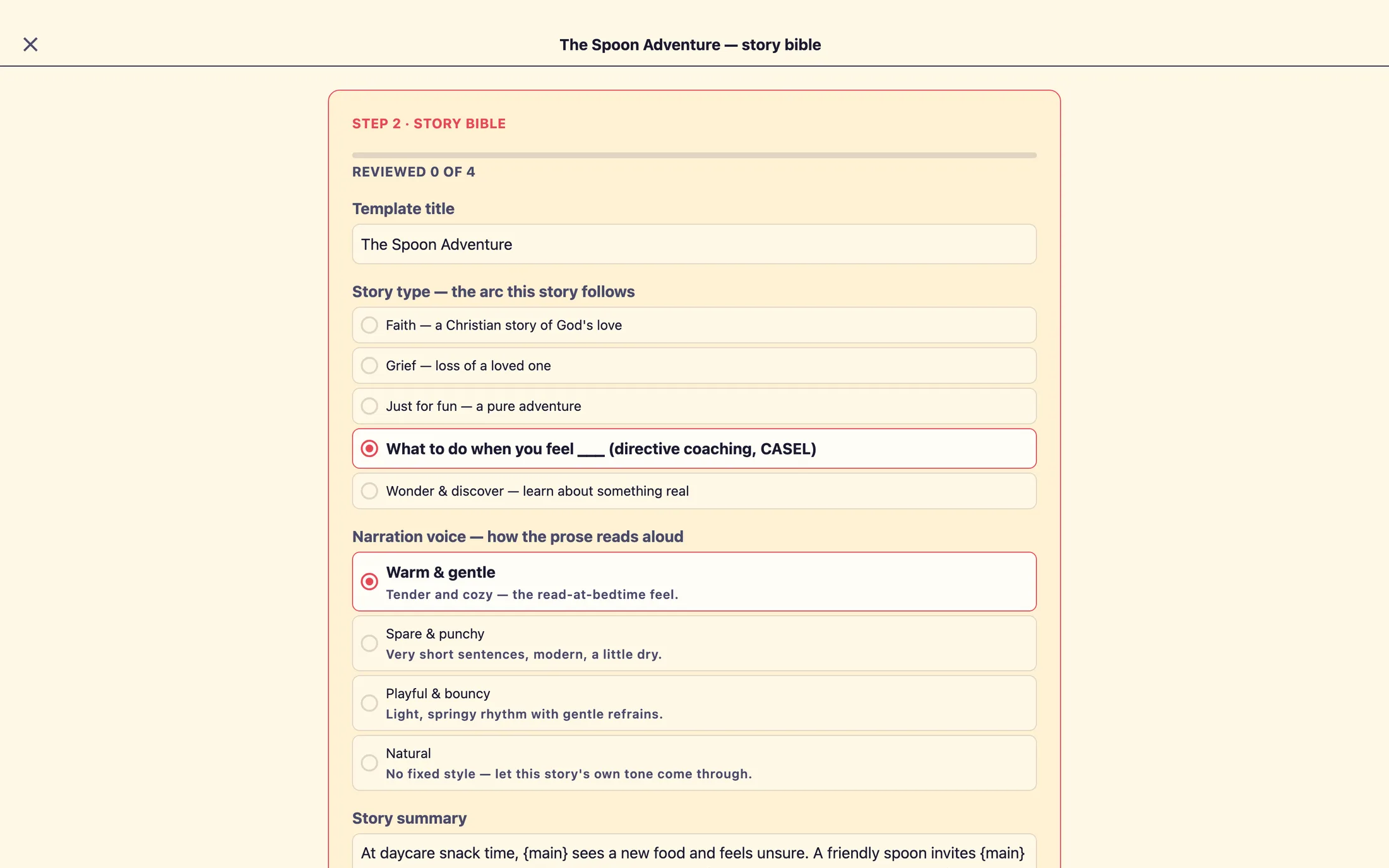 A full-screen review panel titled with the story name and 'story bible', a close X at top left, a green 'Reviewed 0 of Y' progress bar, a Template title field, and a list of story-type options below.