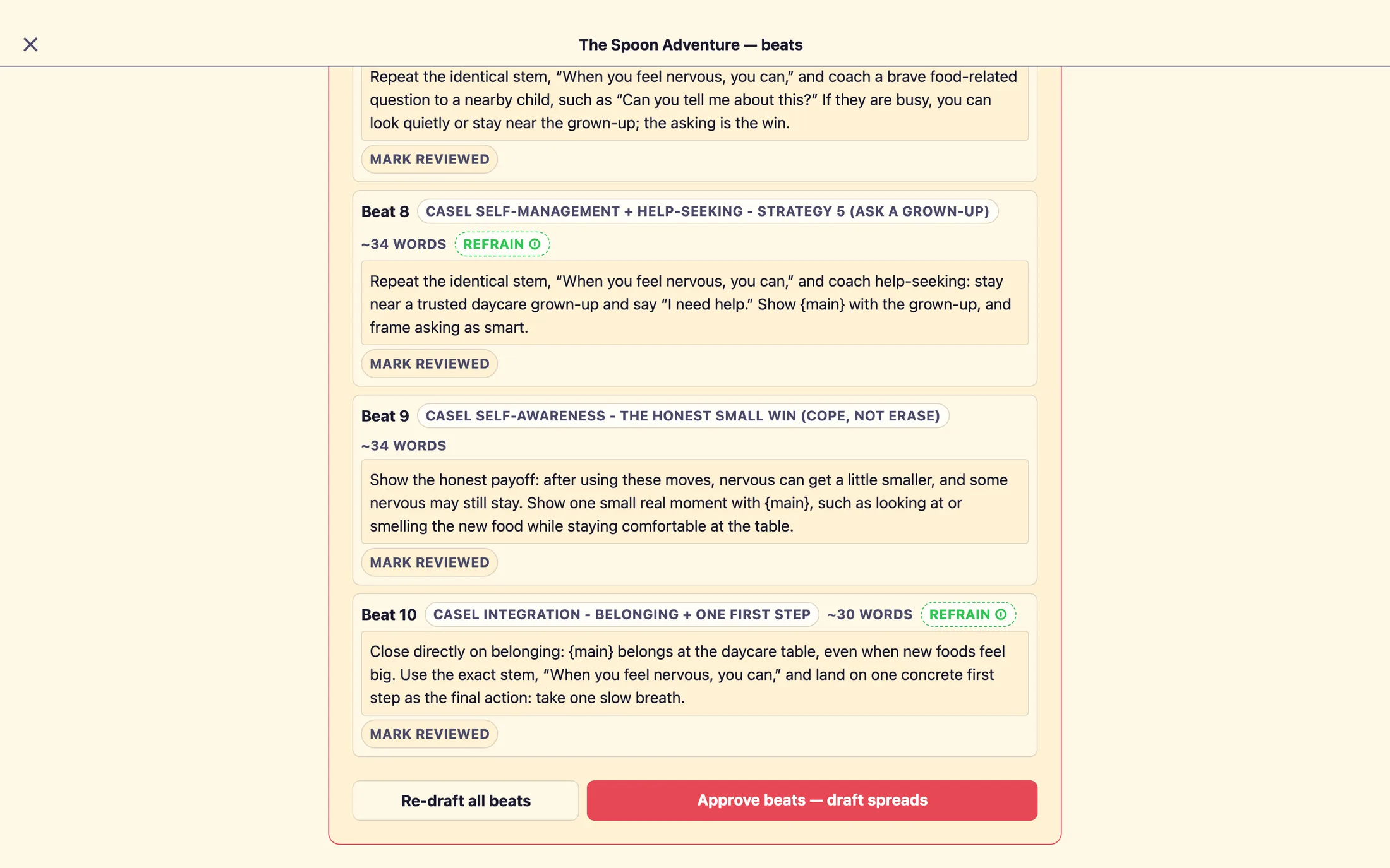 The bottom of the Outline review showing two buttons side by side: 'Re-draft all beats' on the left and a wider 'Approve beats, draft spreads' on the right.