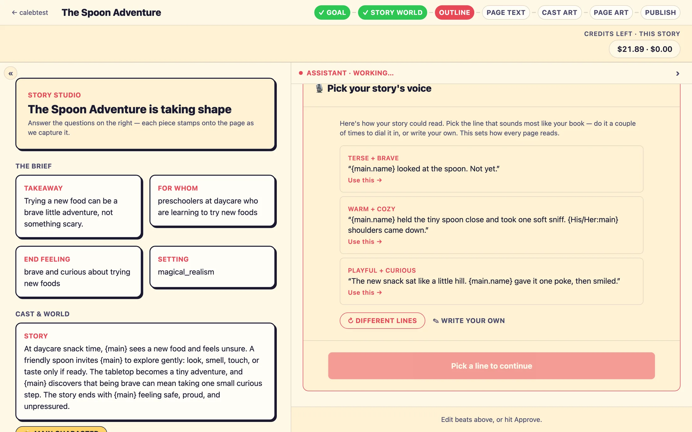 A panel headed 'Pick your story's voice' with a microphone icon, showing three sample sentences, each with a small uppercase label above the quoted line and a 'Use this →' link, plus '↻ Different lines' and '✎ Write your own' buttons below.