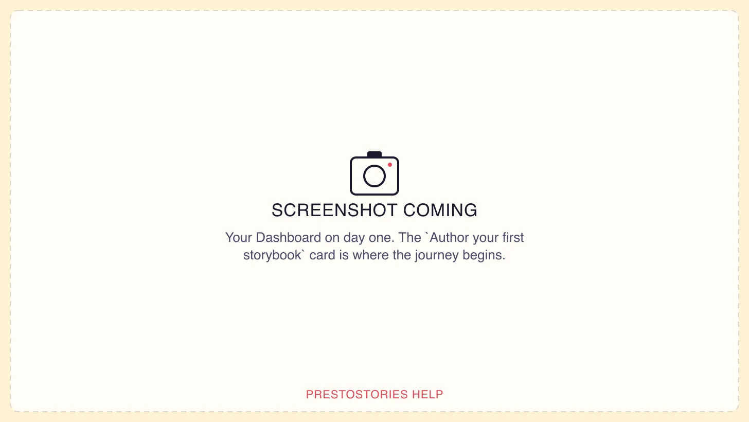 The Story Studio Dashboard for a brand-new author, showing a large card titled 'Author your first storybook' with a short description, a '＋ Create your first storybook' button, and a three-step line reading '1. Describe → 2. Approve writing & art → 3. Publish'.