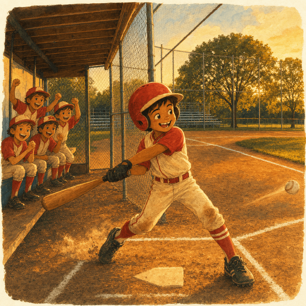 The same ballfield painted as a storybook page, with a boy mid-swing at bat
