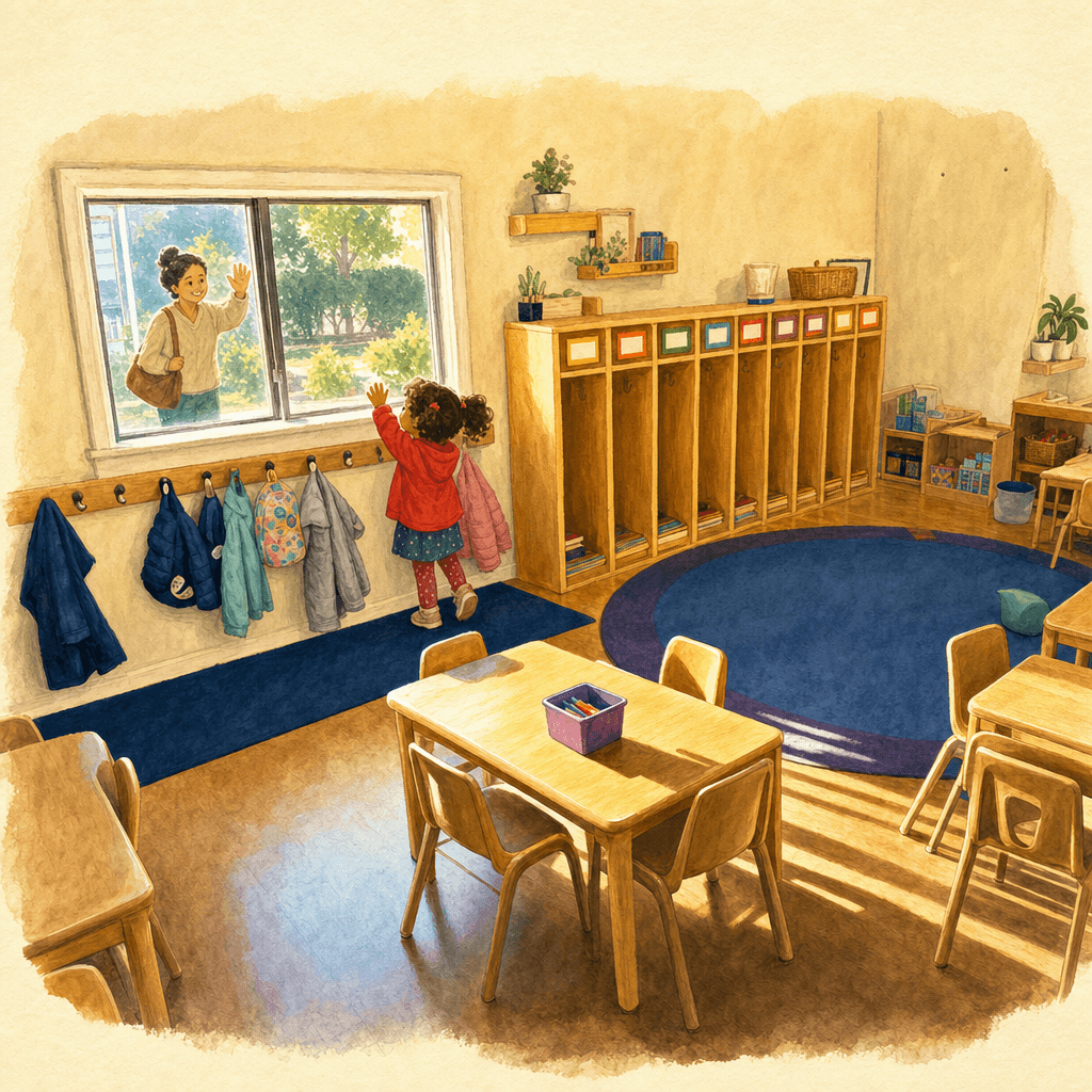 The same classroom painted as a storybook page, with a girl waving through the window