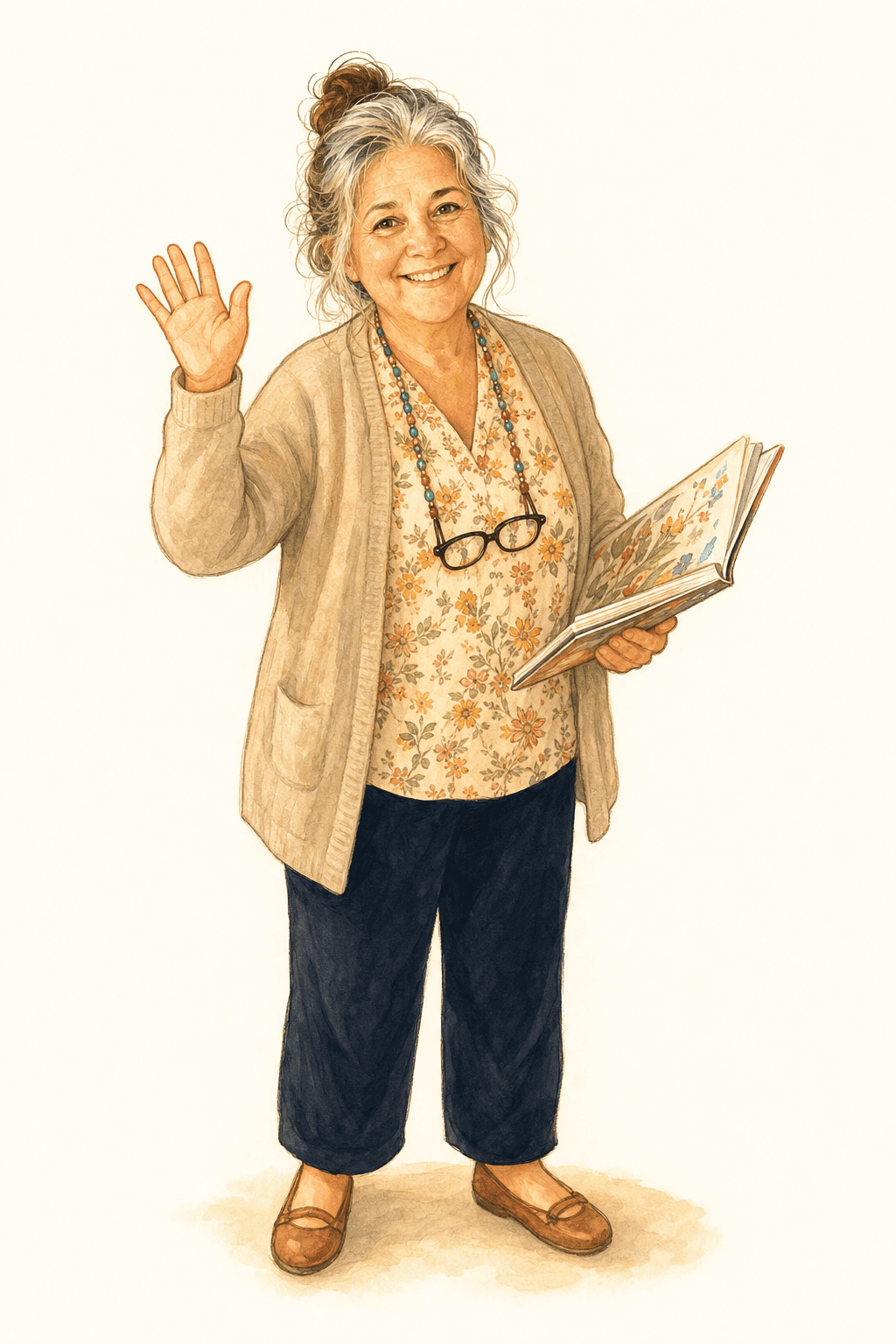 The same teacher as a hand-painted storybook character on a white background