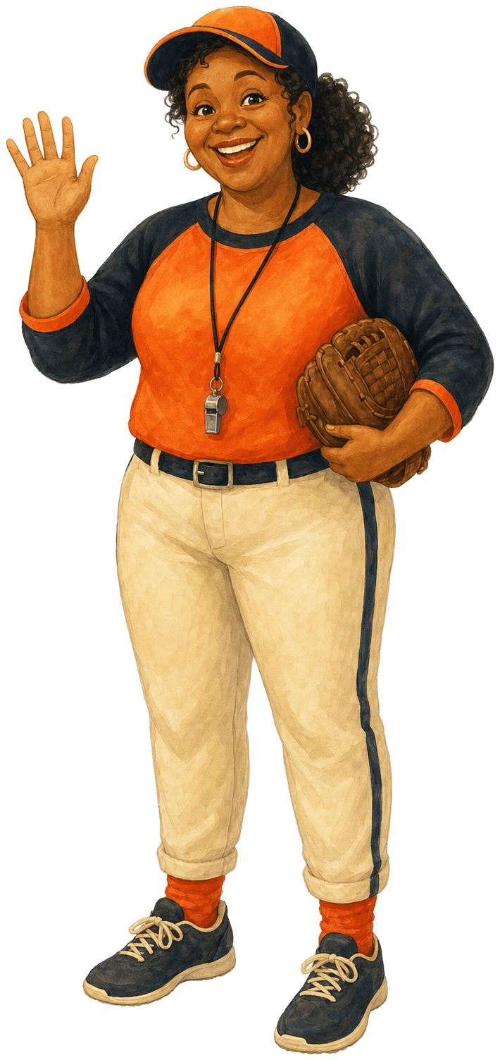 Coach Dee, a waving storybook coach with a baseball glove