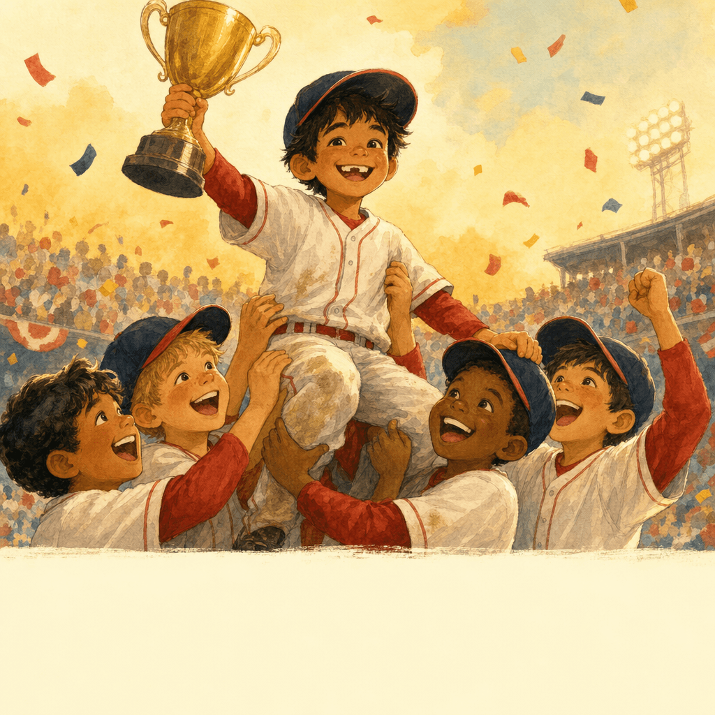 Storybook cover of a boy hoisting a trophy on his teammates' shoulders