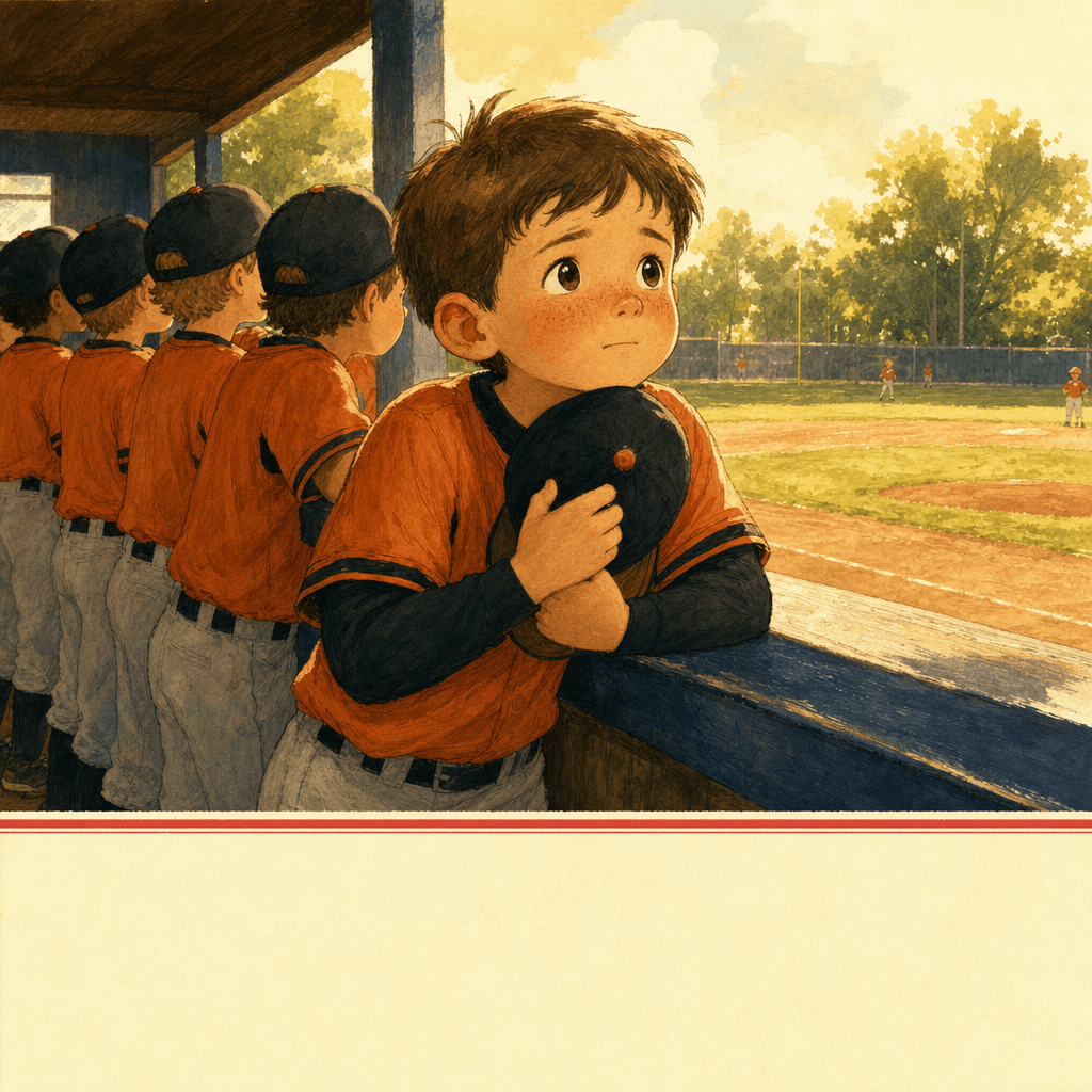 Storybook cover of a nervous young player peeking over the dugout rail