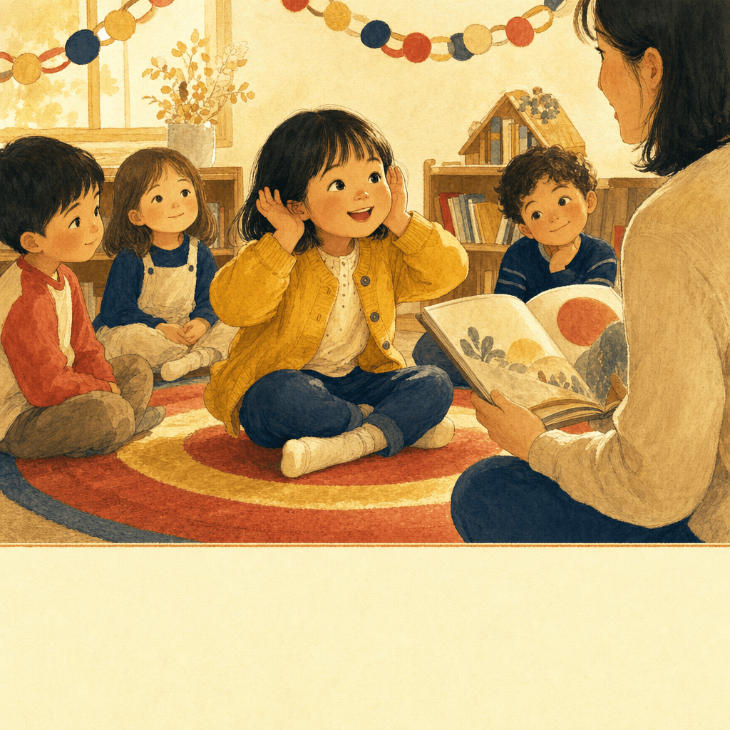 Storybook cover of a girl listening intently at circle time