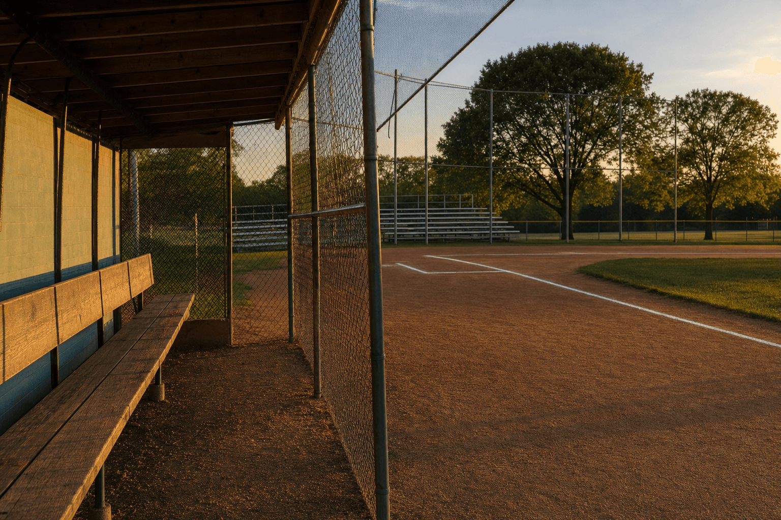 A snapshot of an empty youth baseball field at golden hour