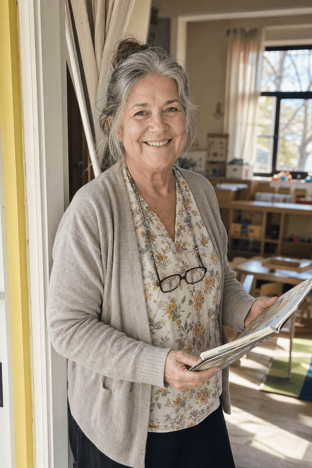 A snapshot of a preschool teacher holding a picture book in her classroom doorway