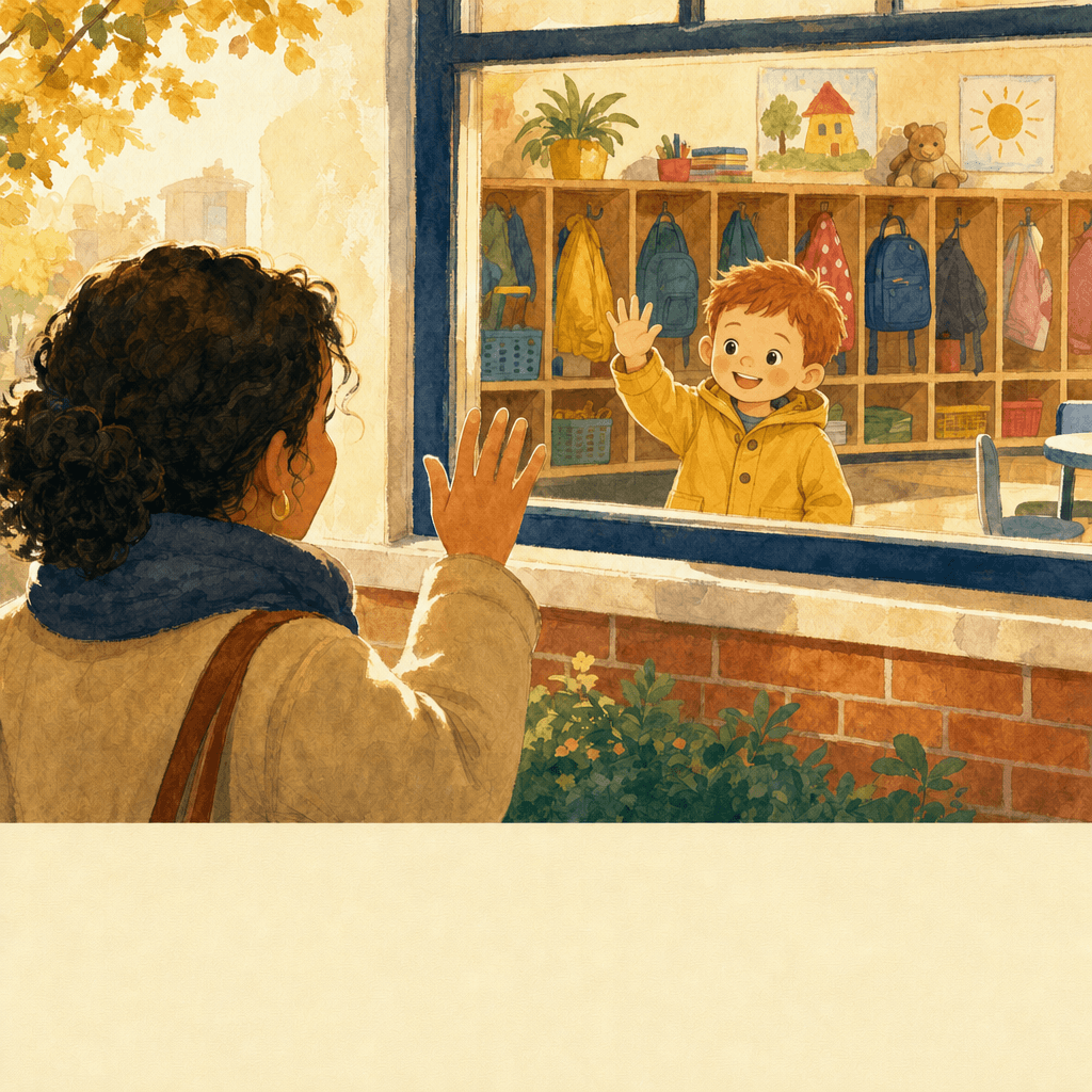 The identical storybook cover, now with a red-haired boy waving through the same window