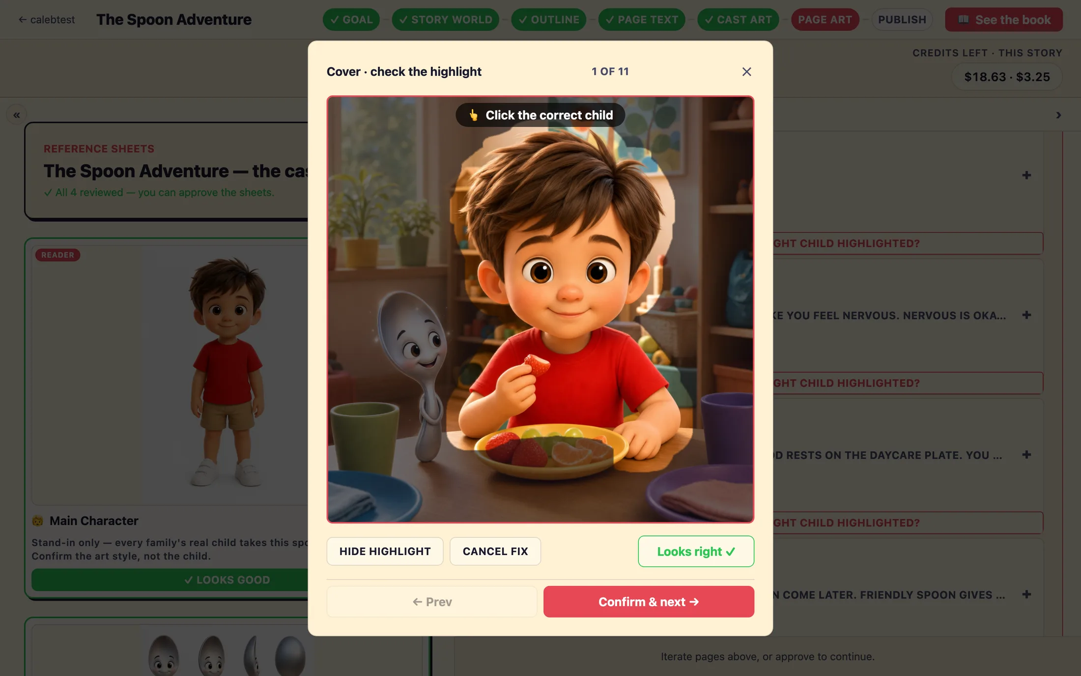 The highlight-check modal in its recovery state, telling the author the character could not be found automatically, with a hint to click the child in the image to highlight them.