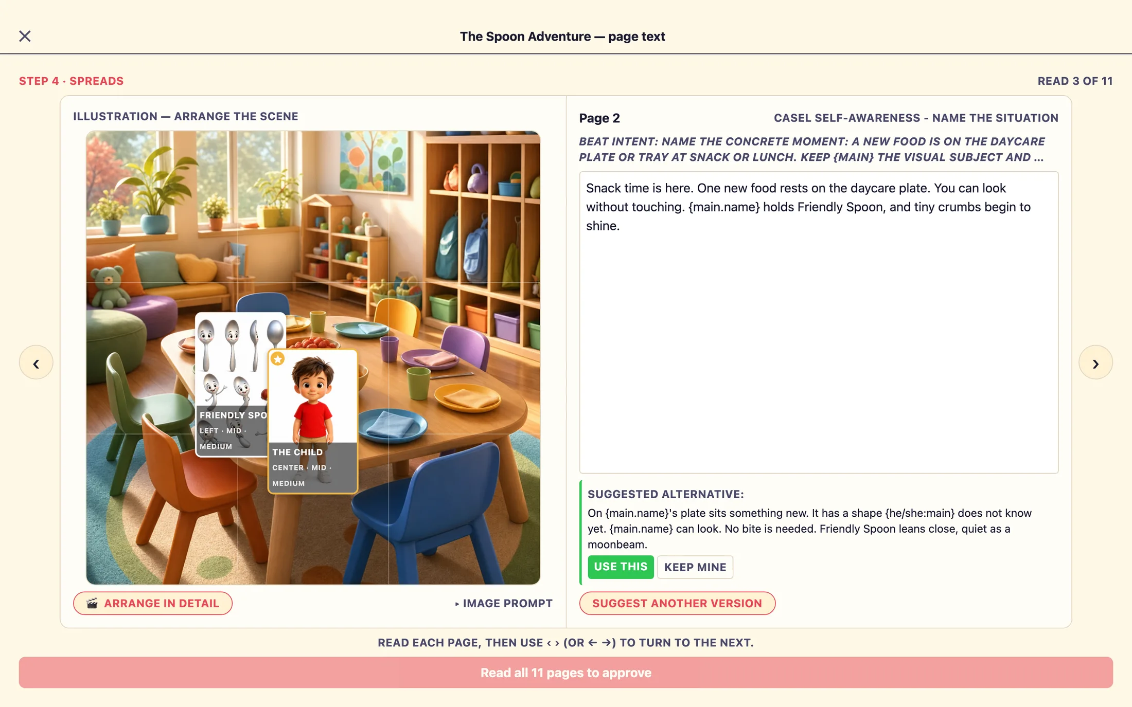 A green-bordered box on the right page labeled 'Suggested alternative' showing proposed replacement wording, with two buttons beneath it: 'Use this' and 'Keep mine'.