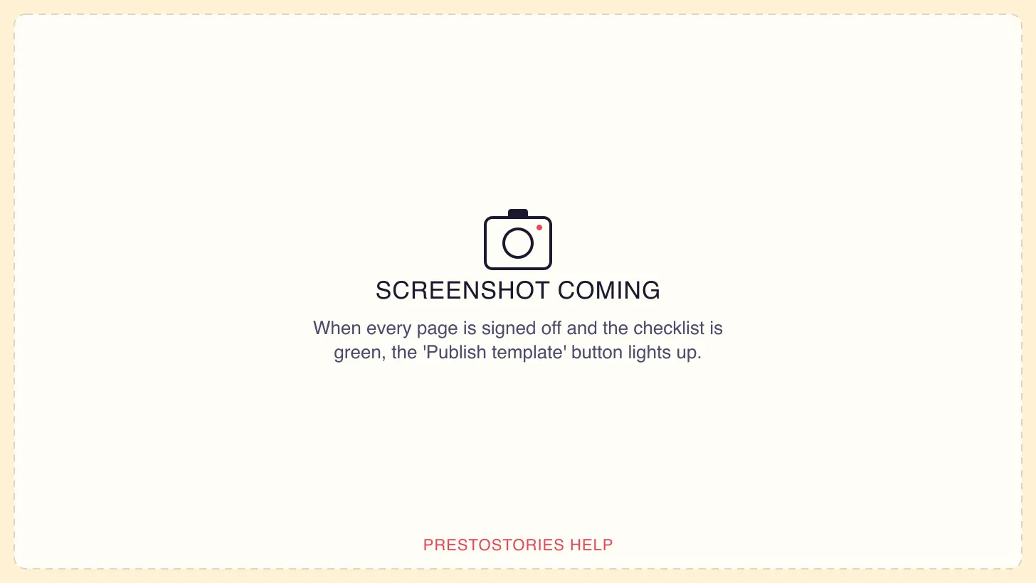 The Publish card showing '✓ Ready to publish' with the message that publishing adds it to the catalog, and an enabled 'Publish template' button.