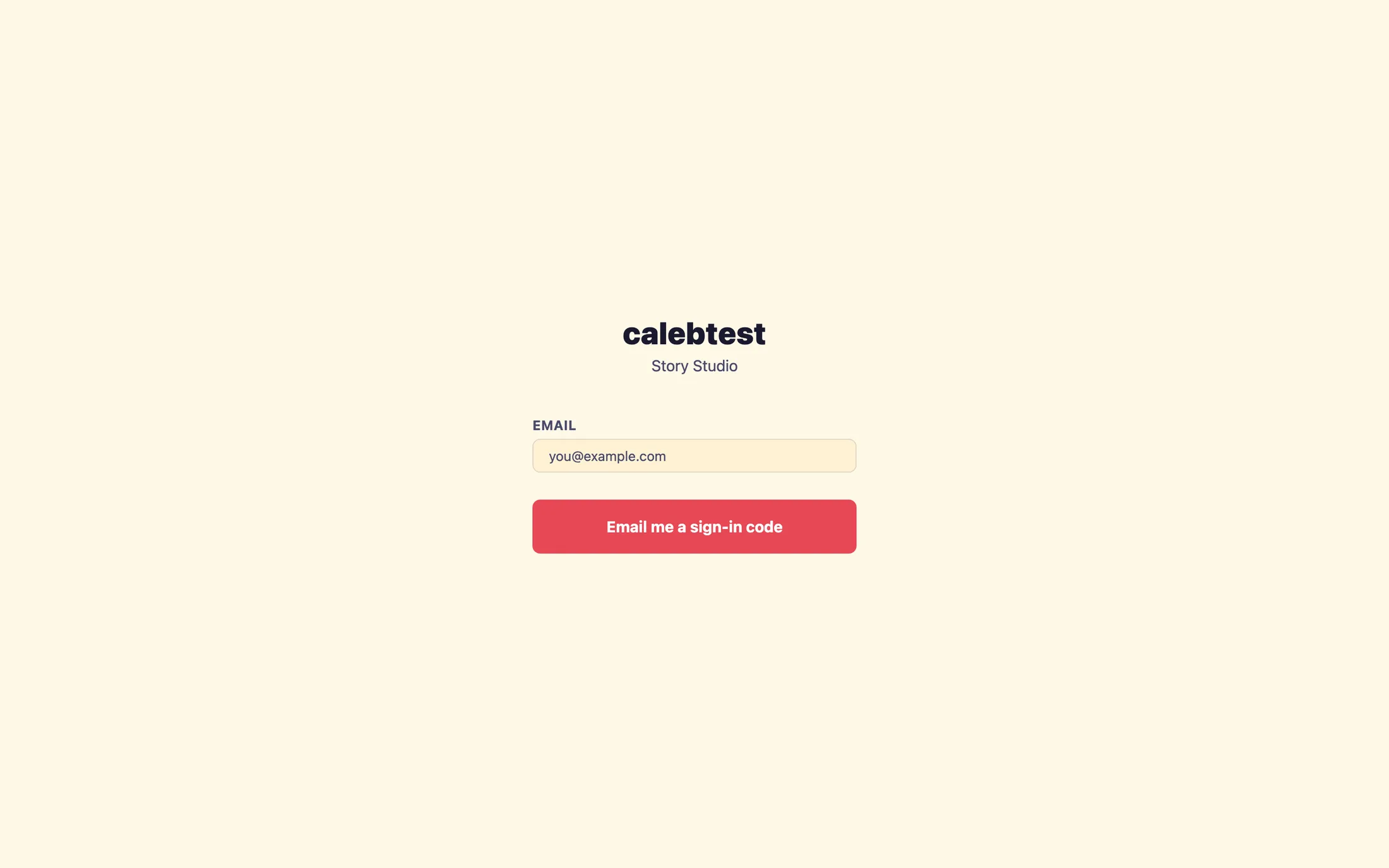 The Story Studio sign-in card showing the organization name at the top, an email field with placeholder text, and a blue button labeled Email me a sign-in code.