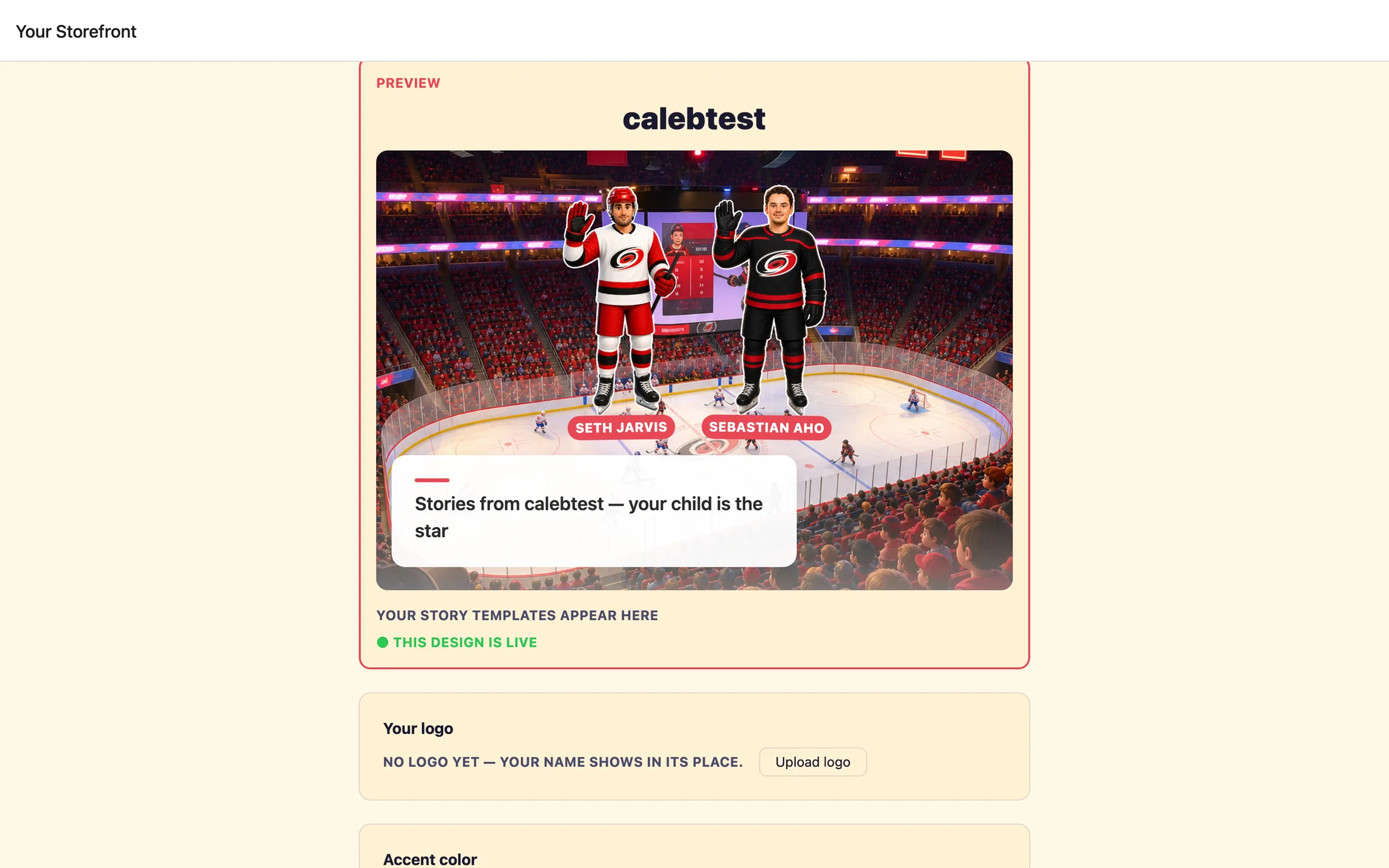 The storefront Preview card rendering the live page, with a highlighted bar reading "Preview shows your DRAFT, families still see the published page" and a green "Publish to live" button.