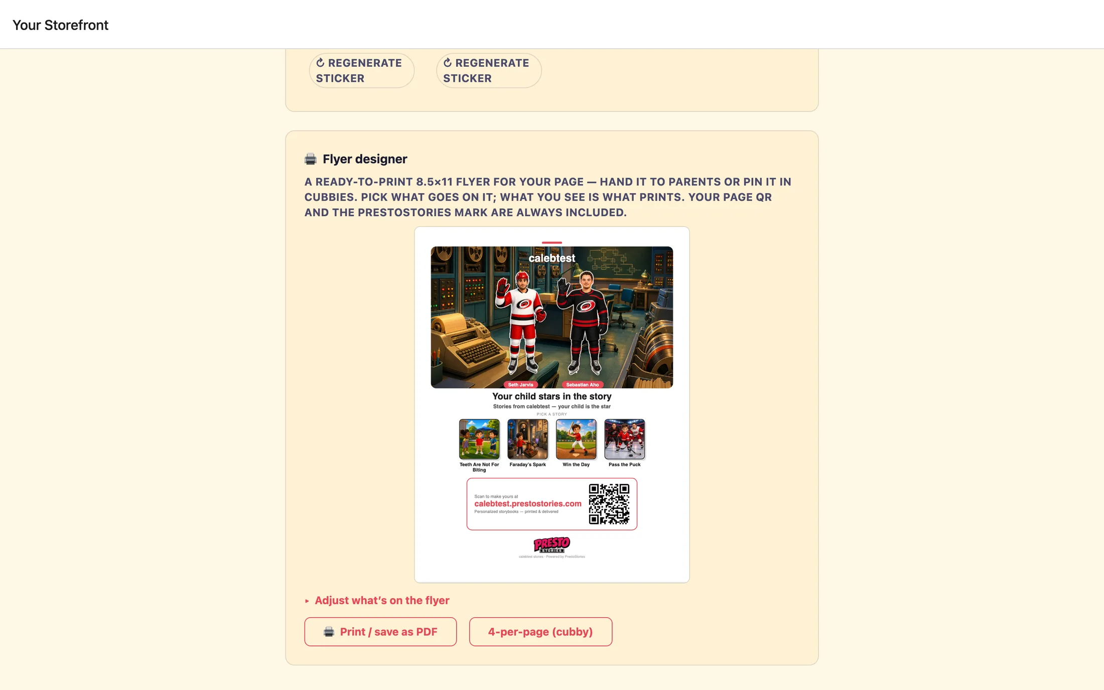 The Flyer designer card with a live letter-size preview of a flyer showing a header scene, character cutouts, book covers, and a scan code, next to the expanded "Adjust what's on the flyer" controls.