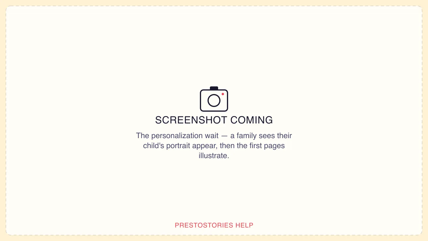 A full-screen generation scene with cover and story art fading behind the headline Setting the scene, a framed portrait of the child, and a progress bar with a live percentage at the bottom.