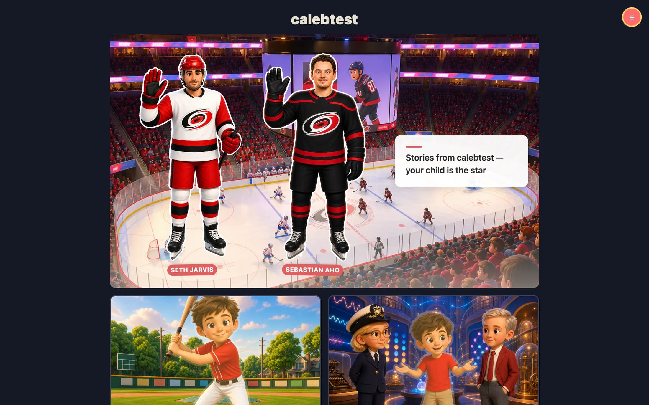 A branded organization storefront on the web: the org name as a masthead across the top, large cutout illustrations of story characters with name pills, a welcome panel, and a grid of storybook cover cards each with a gold Customize now button.