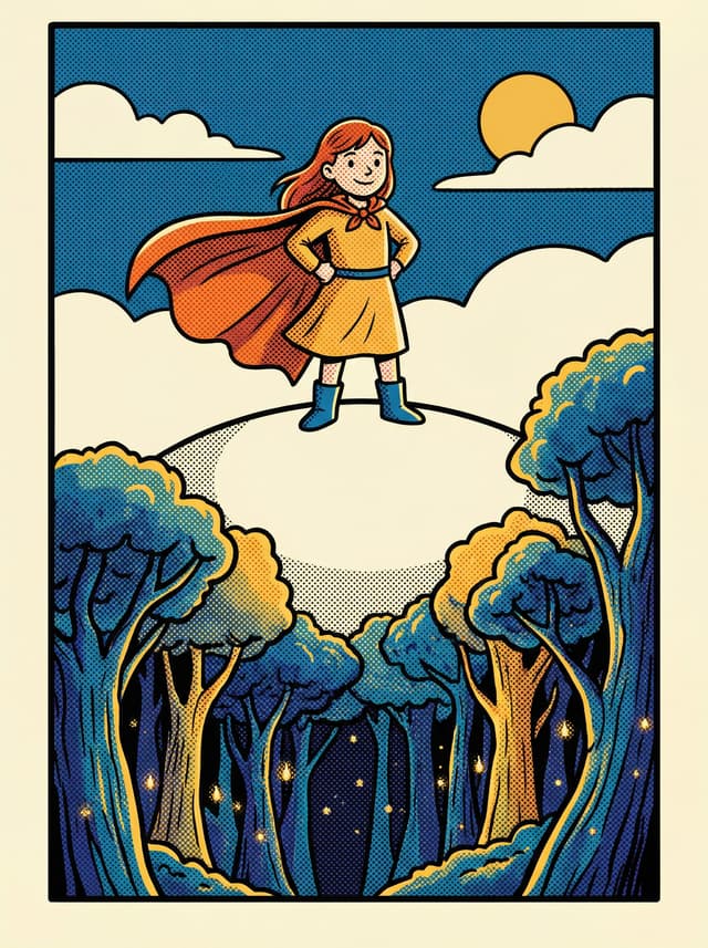 A brave girl with a red cape on a hilltop overlooking a magical forest