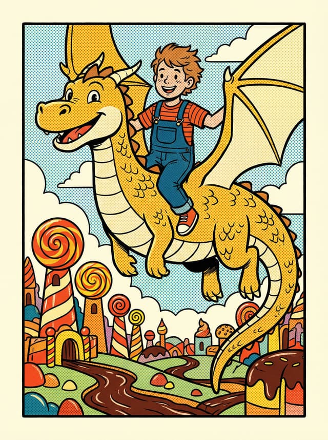 A boy riding a friendly dragon over a candy city
