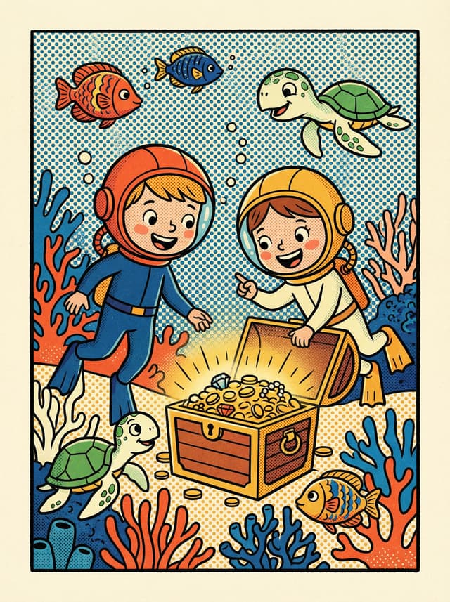 Children discovering treasure in an underwater reef
