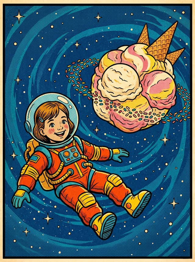 A girl astronaut near an ice cream planet