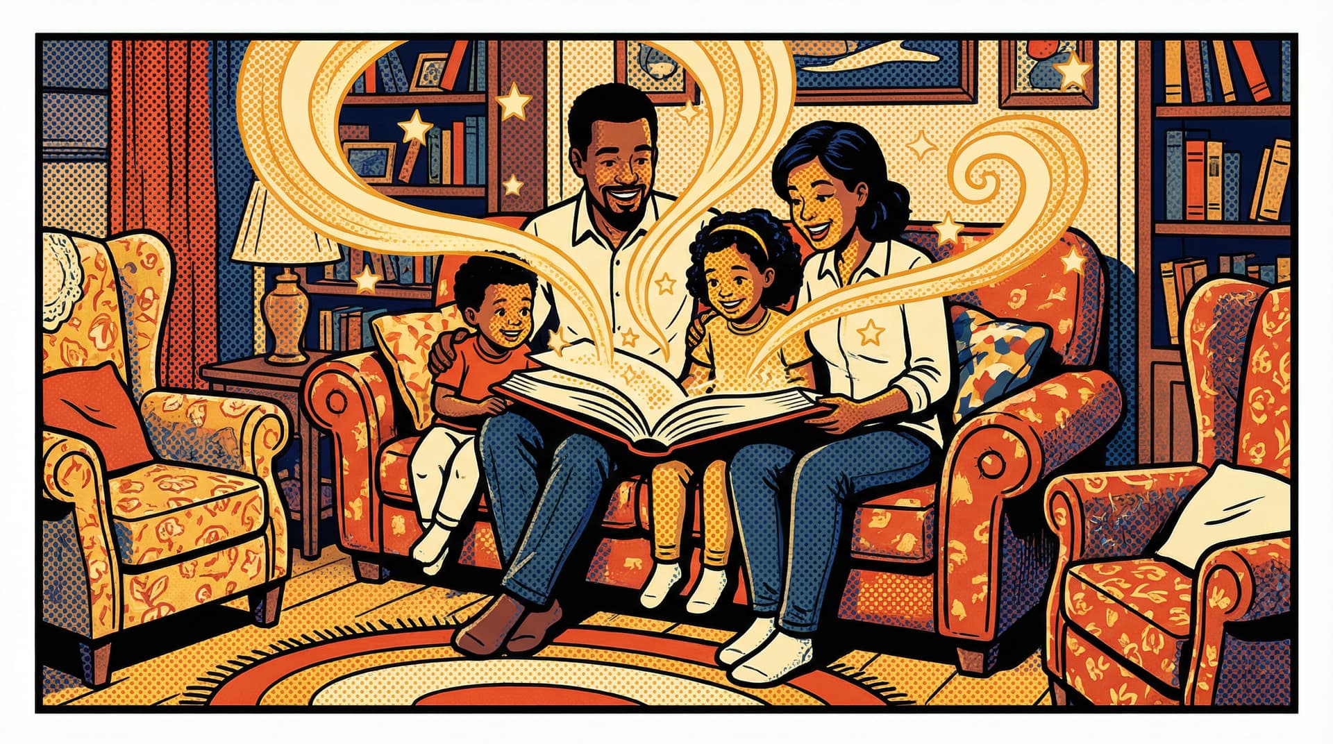 A family reading a magical glowing storybook together