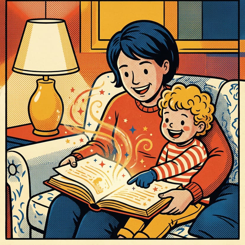 Parent and child reading a glowing storybook together on a couch