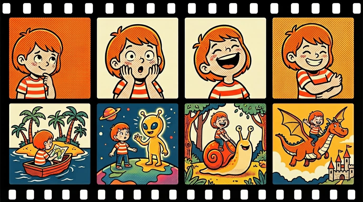 A filmstrip showing a child's reactions progressing from curiosity to surprise to laughter to hugging the book