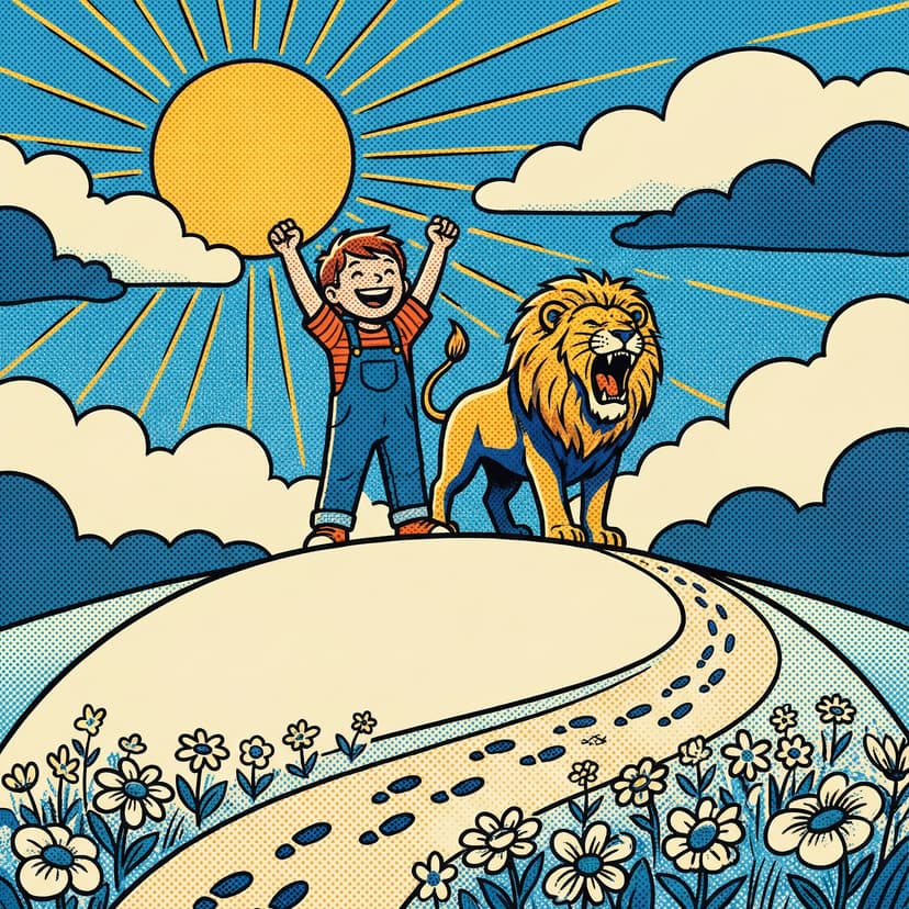 A child standing triumphantly on a hill with a brave lion beside them