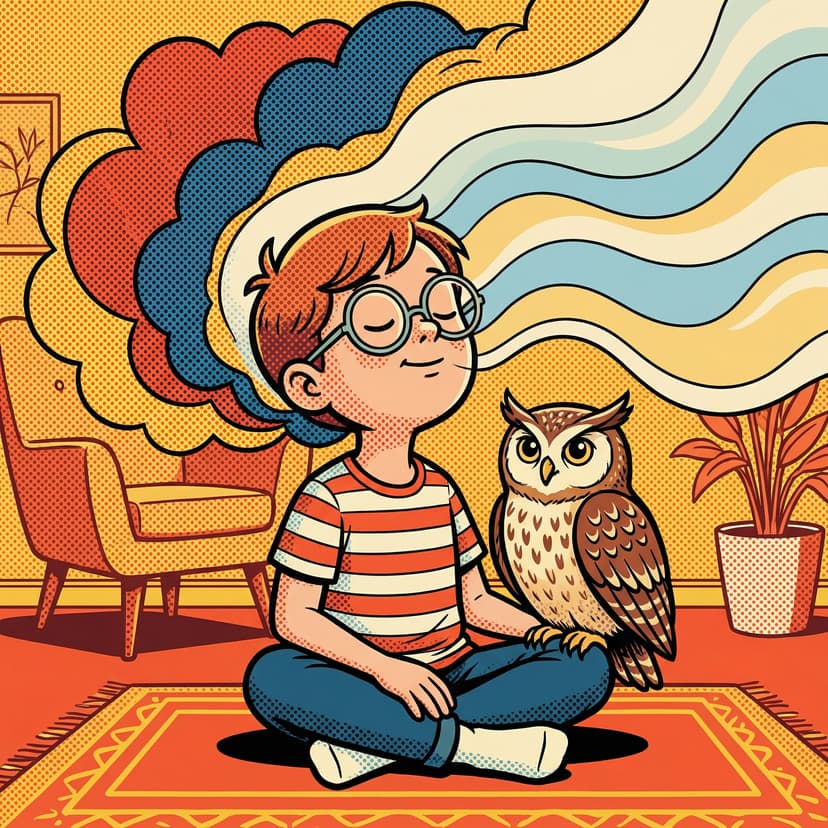 A child taking a deep breath with colorful emotion clouds calming around them