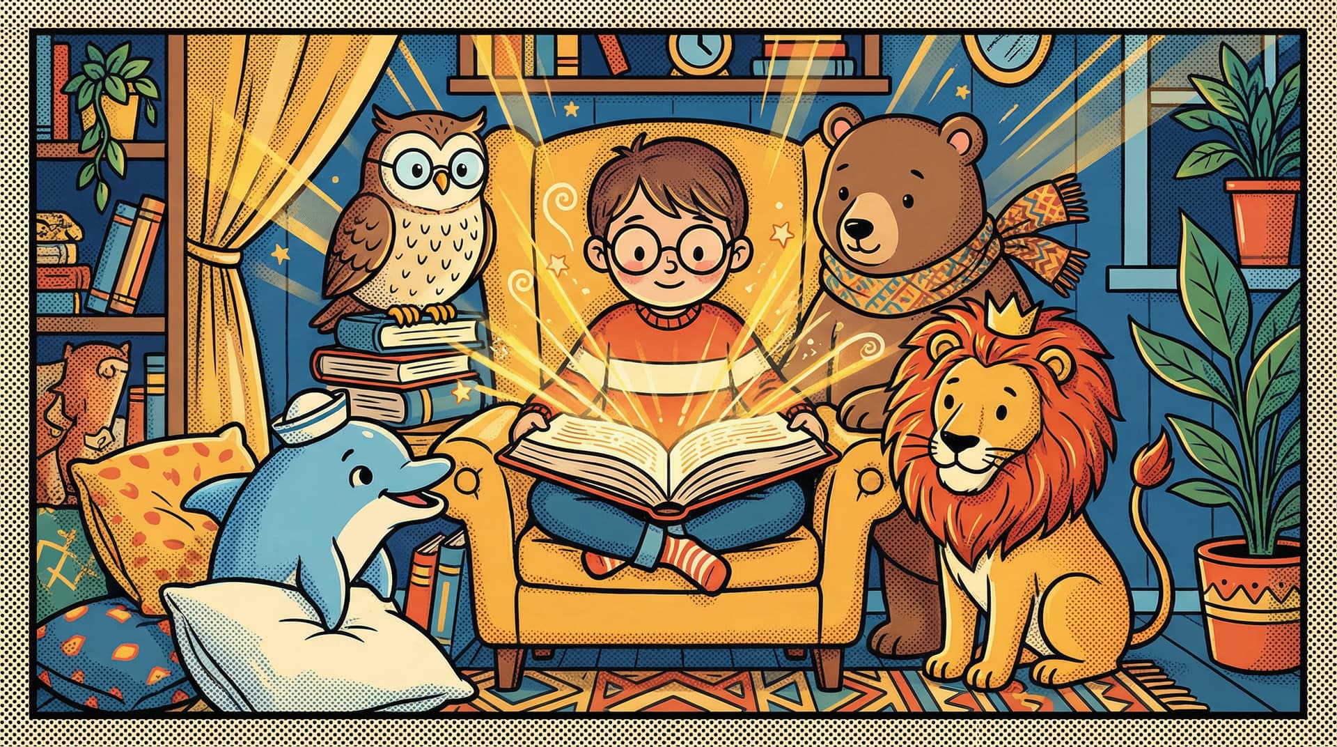 A child in a reading nook surrounded by wise animal guides gathered around a glowing storybook