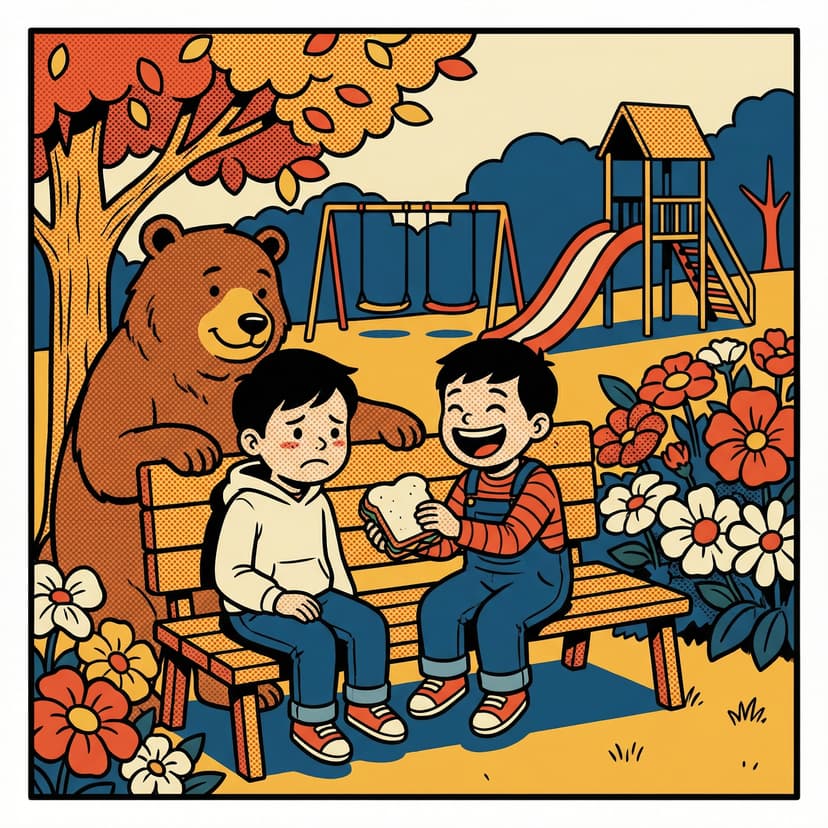 A child sharing a sandwich with another child, guided by a friendly bear