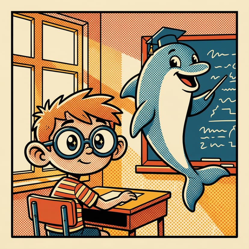 A child listening attentively at a desk with a playful dolphin study buddy