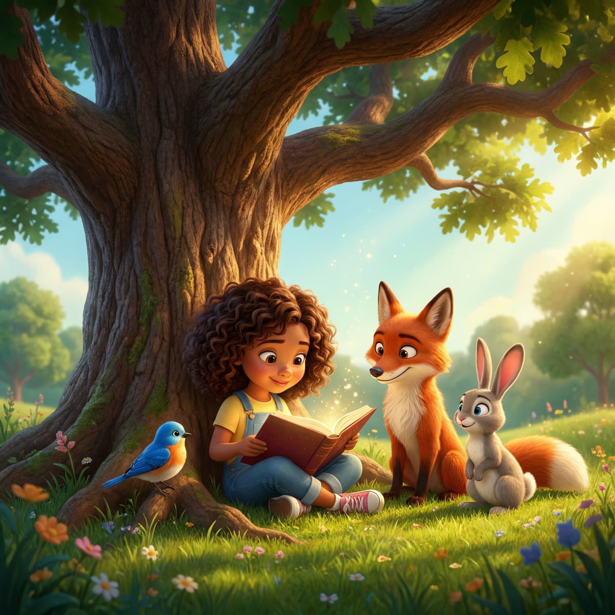 A 3D animated illustration of a child reading under a tree with woodland animals