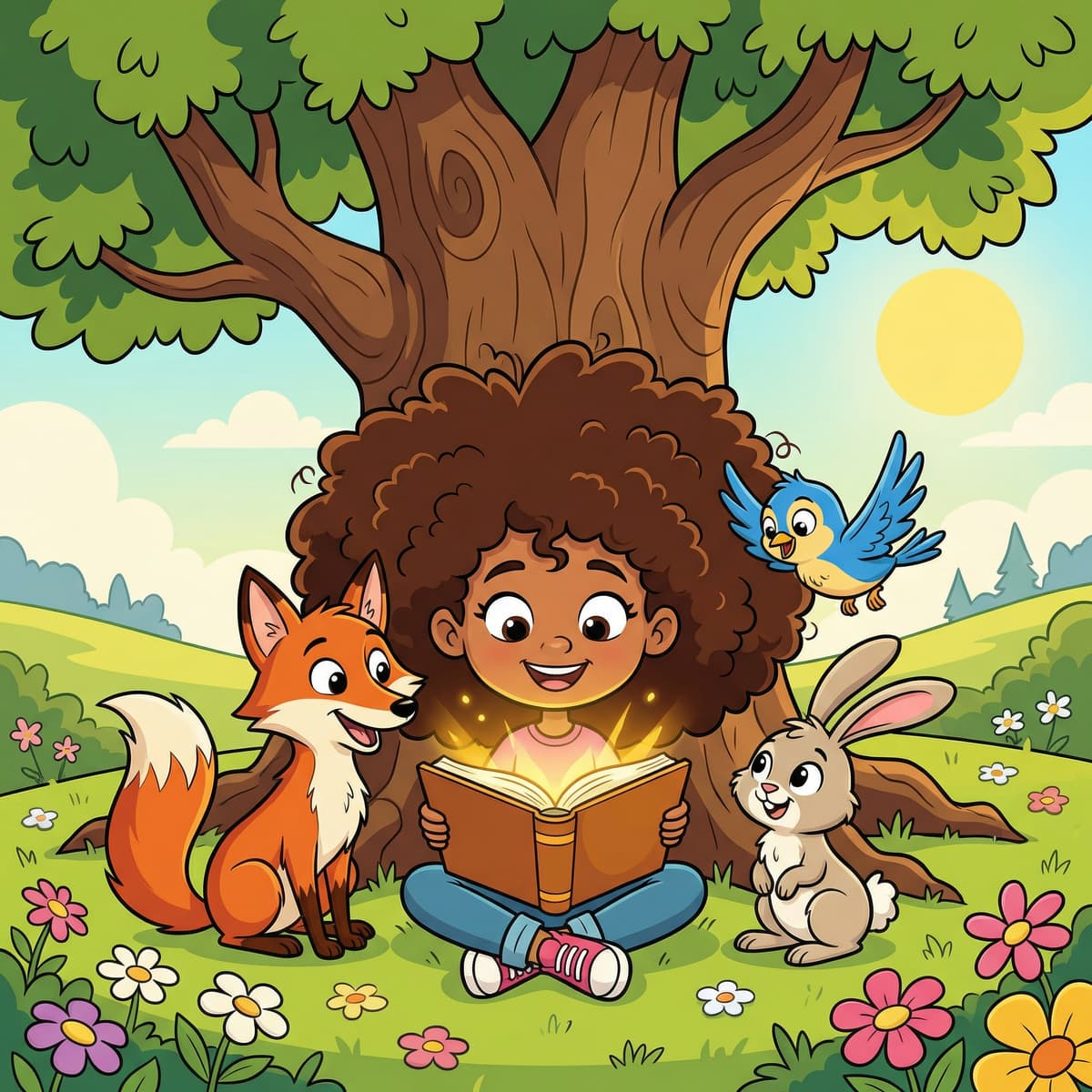 A cartoon illustration of a child reading under a tree with woodland animals
