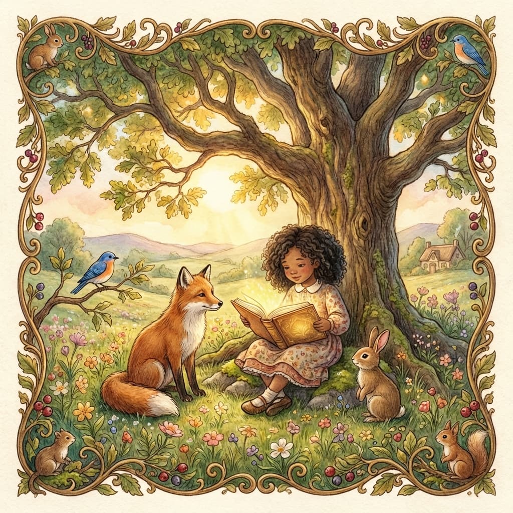A classic fairytale illustration of a child reading under a tree with woodland animals