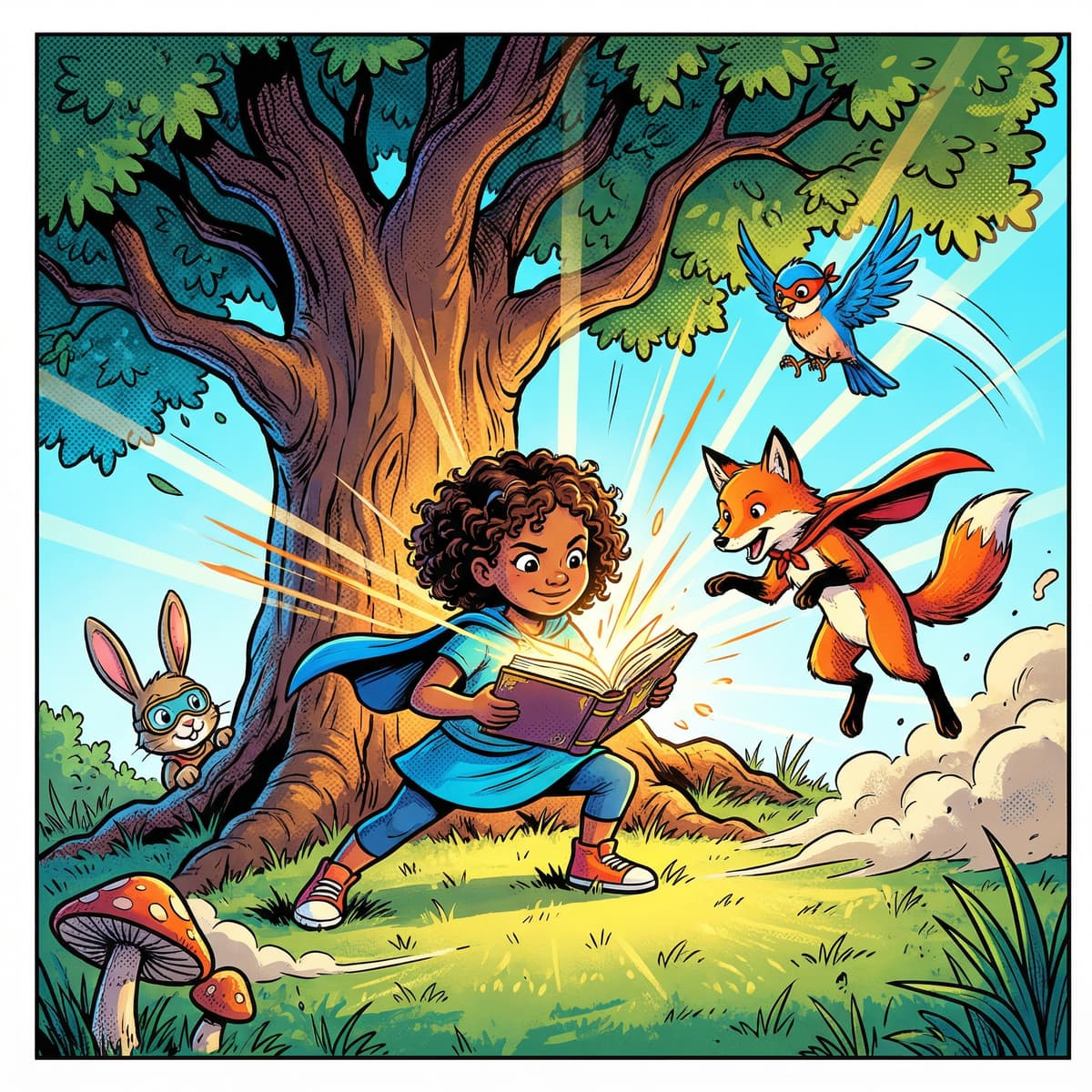 A superhero comic illustration of a child reading under a tree with woodland animals