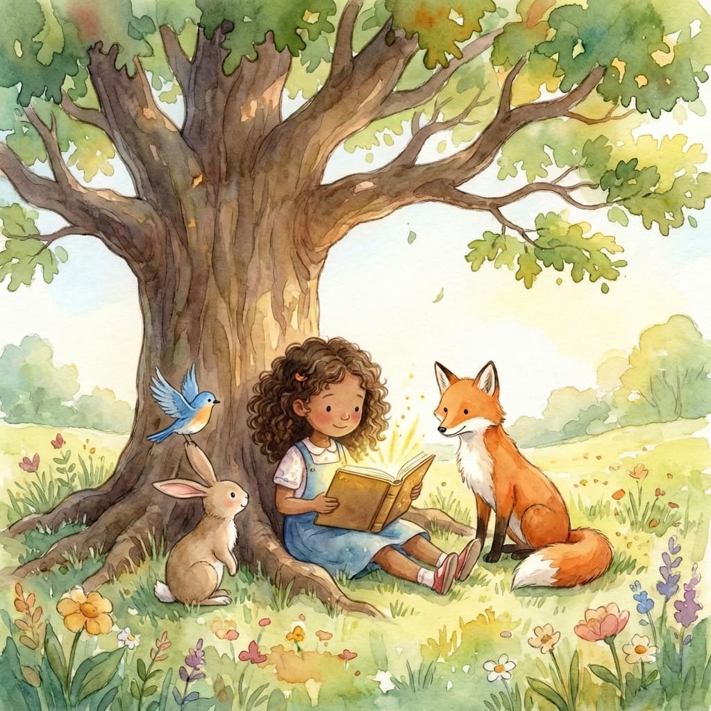 A watercolor illustration of a child reading under a tree with woodland animals